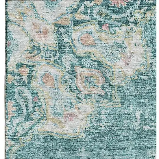 Teal Blush And Ivory Floral Washable Area Rug With UV Protection Photo 3