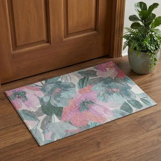 Teal Blush And Ivory Floral Washable Area Rug With UV Protection Photo 1