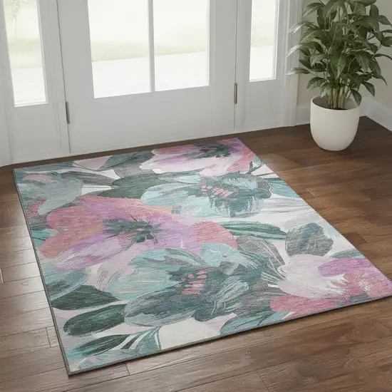 Teal Blush And Ivory Floral Washable Area Rug With UV Protection Photo 2