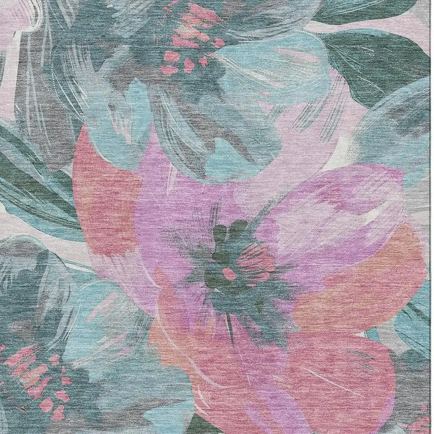Teal Blush And Ivory Floral Washable Area Rug With UV Protection Photo 2