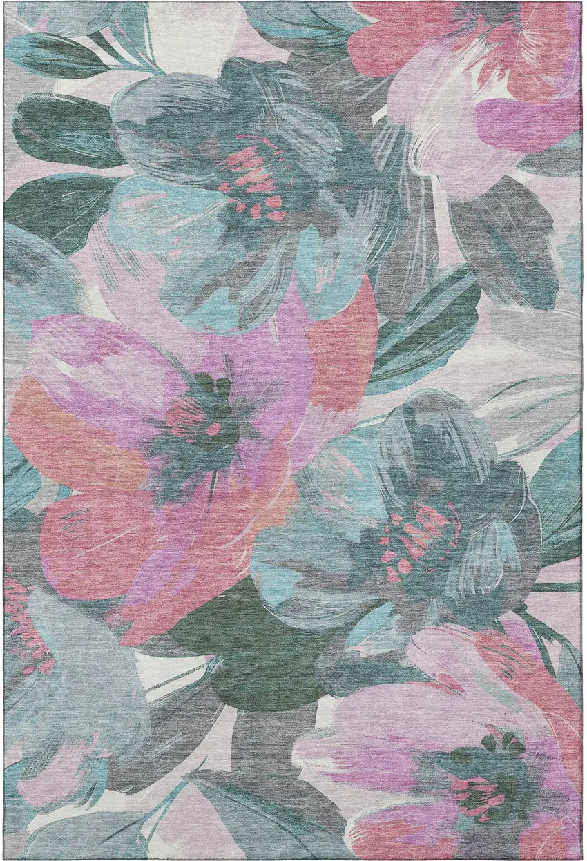 Teal Blush And Ivory Floral Washable Area Rug With UV Protection Photo 3