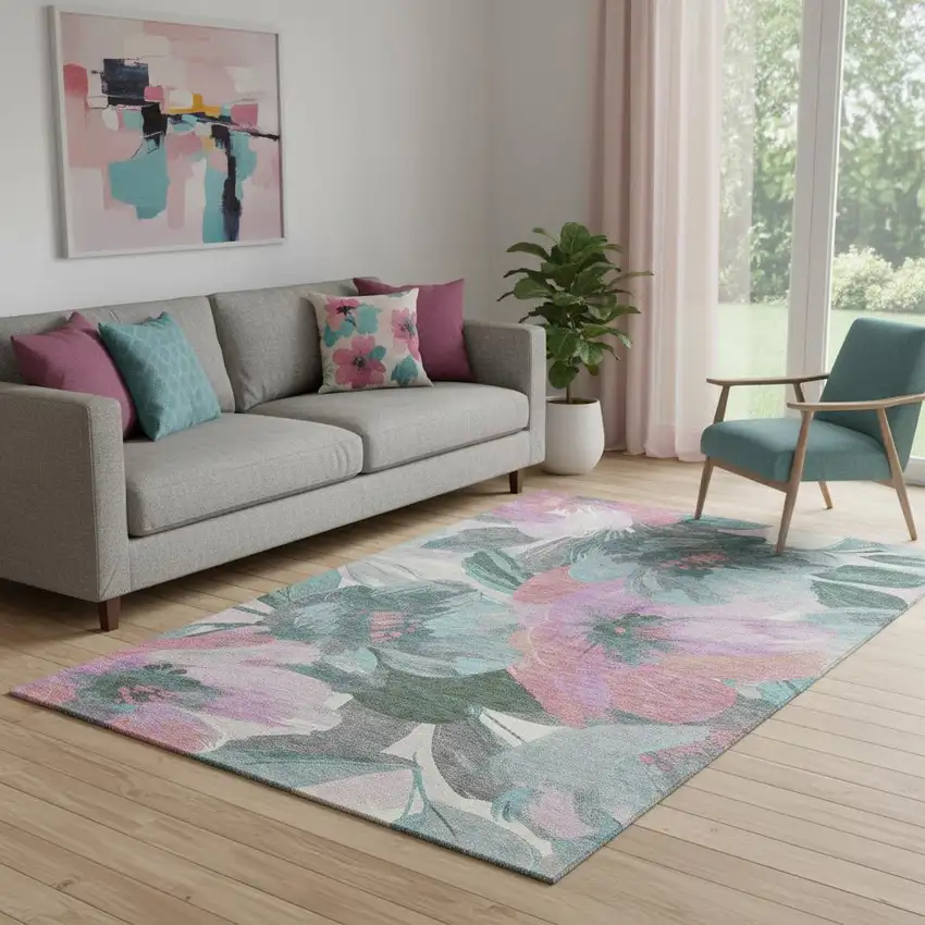 Teal Blush And Ivory Floral Washable Area Rug With UV Protection Photo 2