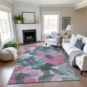 Photo of Teal Blush And Ivory Floral Washable Area Rug With UV Protection