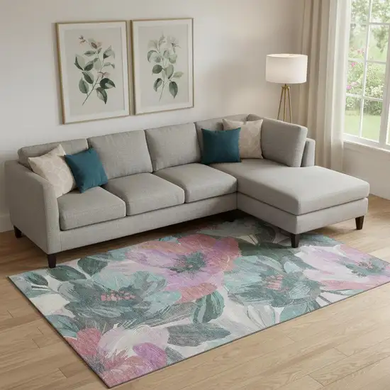 Teal Blush And Ivory Floral Washable Area Rug With UV Protection Photo 2