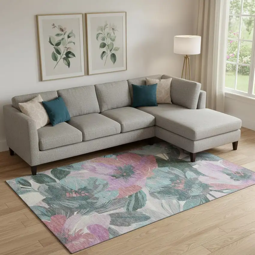 Teal Blush And Ivory Floral Washable Area Rug With UV Protection Photo 2