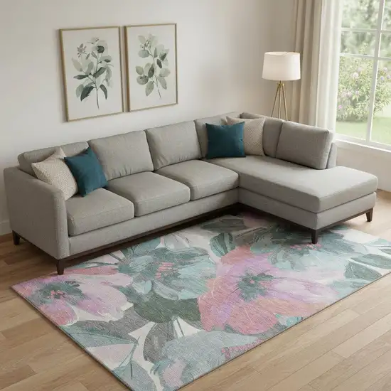 Teal Blush And Ivory Floral Washable Area Rug With UV Protection Photo 2