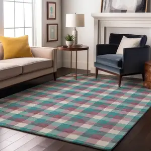 Photo of Teal Blush And Ivory Plaid Washable Area Rug With UV Protection