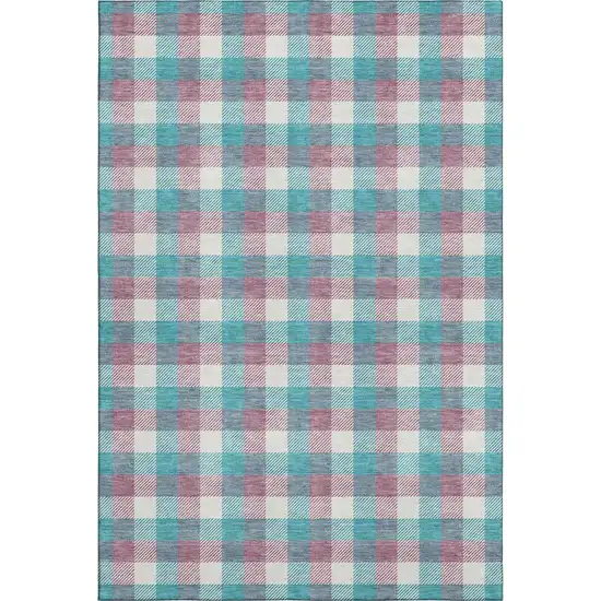 Teal Blush And Ivory Plaid Washable Area Rug With UV Protection Photo 1