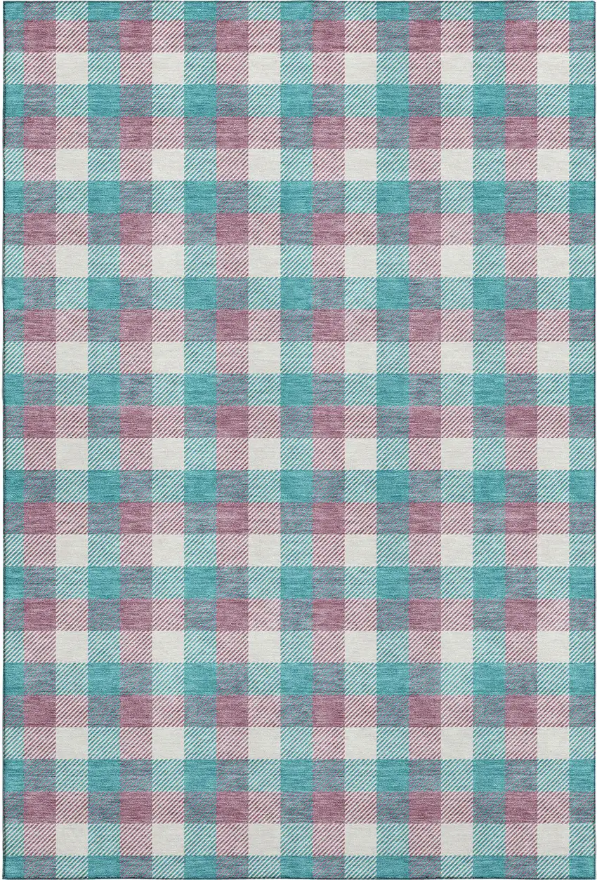 Teal Blush And Ivory Plaid Washable Area Rug With UV Protection Photo 1