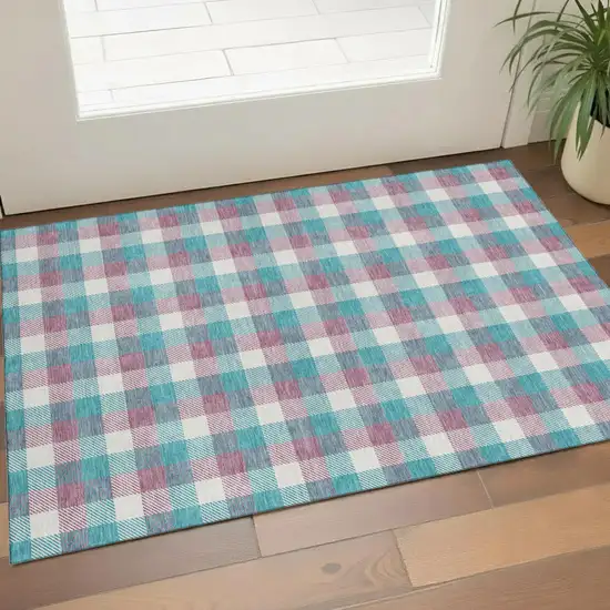 Teal Blush And Ivory Plaid Washable Area Rug With UV Protection Photo 1