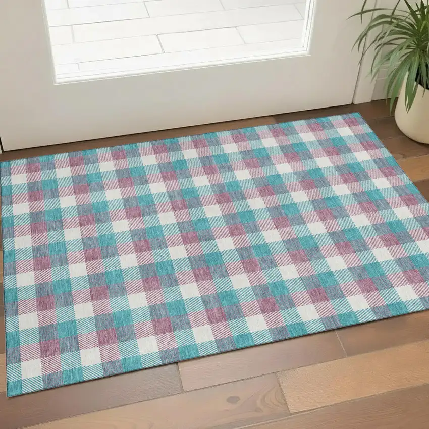 Teal Blush And Ivory Plaid Washable Area Rug With UV Protection Photo 1