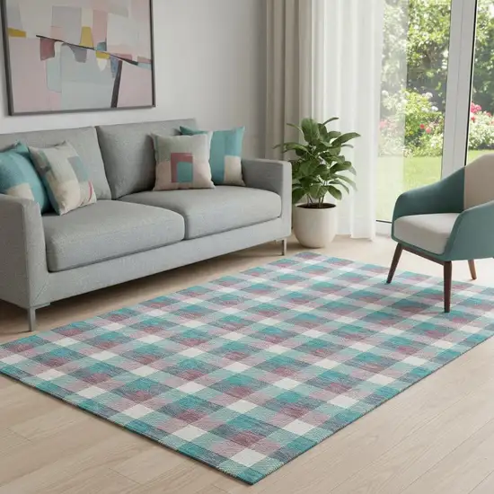 Teal Blush And Ivory Plaid Washable Area Rug With UV Protection Photo 2