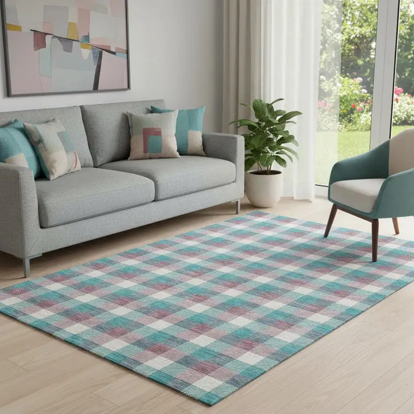 Teal Blush And Ivory Plaid Washable Area Rug With UV Protection Photo 2