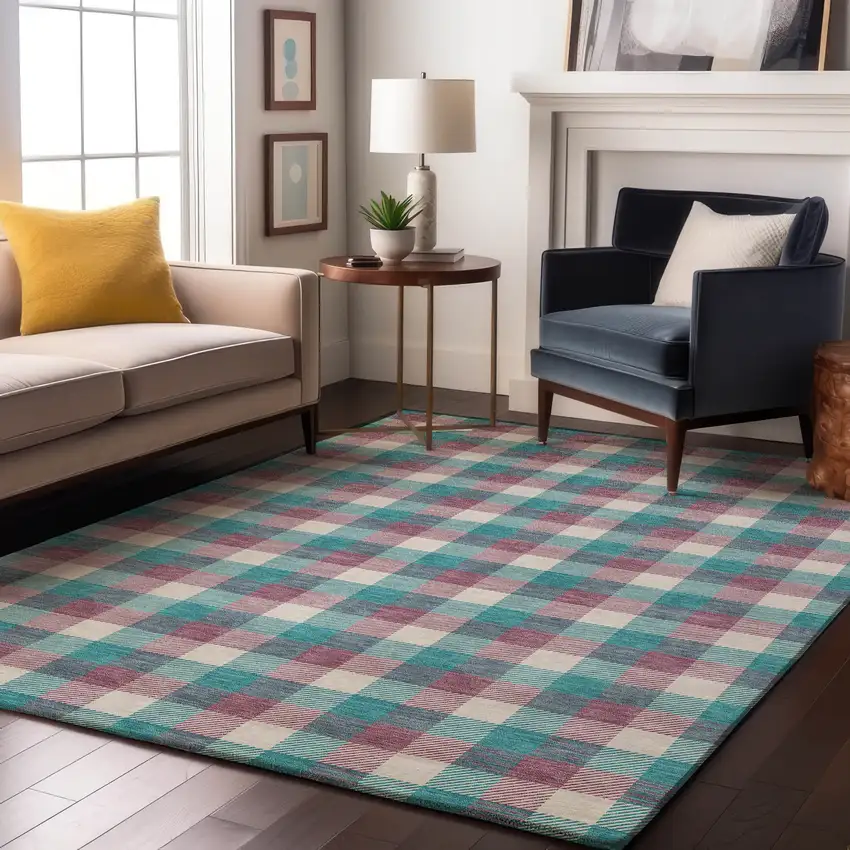 Teal Blush And Ivory Plaid Washable Area Rug With UV Protection Photo 4