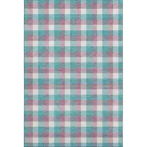 Photo of Teal Blush And Ivory Plaid Washable Area Rug With UV Protection