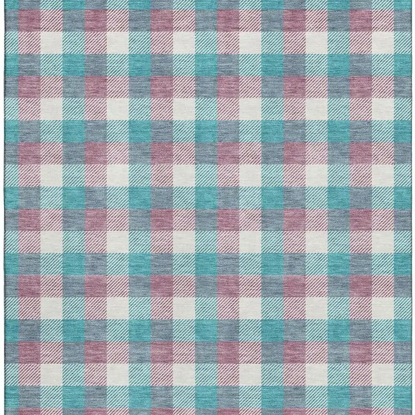Teal Blush And Ivory Plaid Washable Area Rug With UV Protection Photo 3