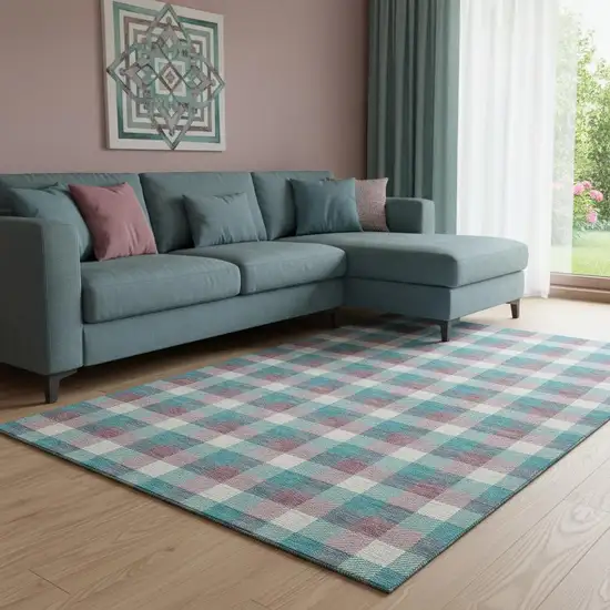 Teal Blush And Ivory Plaid Washable Area Rug With UV Protection Photo 2