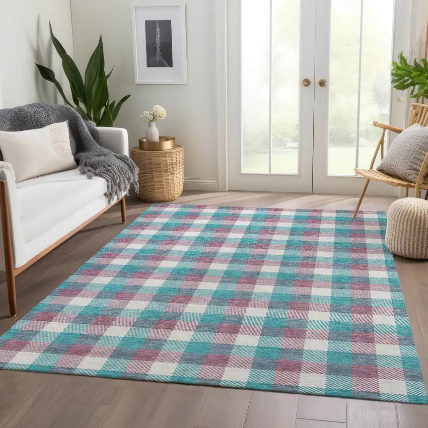 Teal Blush And Ivory Plaid Washable Area Rug With UV Protection Photo 5