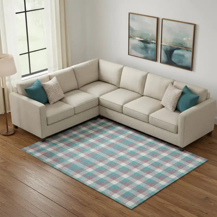 Teal Blush And Ivory Plaid Washable Area Rug With UV Protection Photo 2