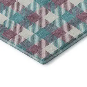 Photo of Teal Blush And Ivory Plaid Washable Area Rug With UV Protection