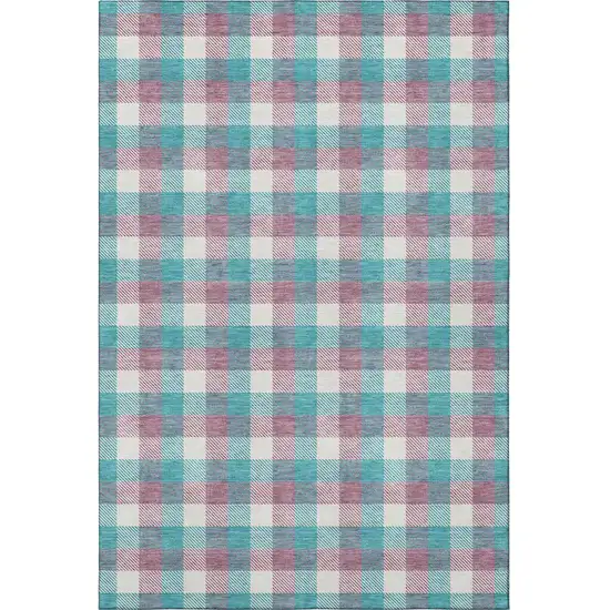 Teal Blush And Ivory Plaid Washable Area Rug With UV Protection Photo 3