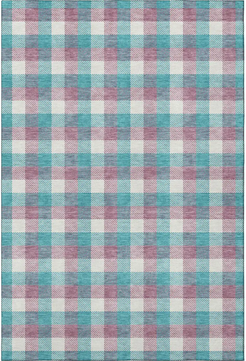 Teal Blush And Ivory Plaid Washable Area Rug With UV Protection Photo 3