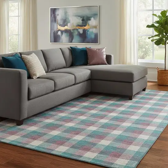 Teal Blush And Ivory Plaid Washable Area Rug With UV Protection Photo 2