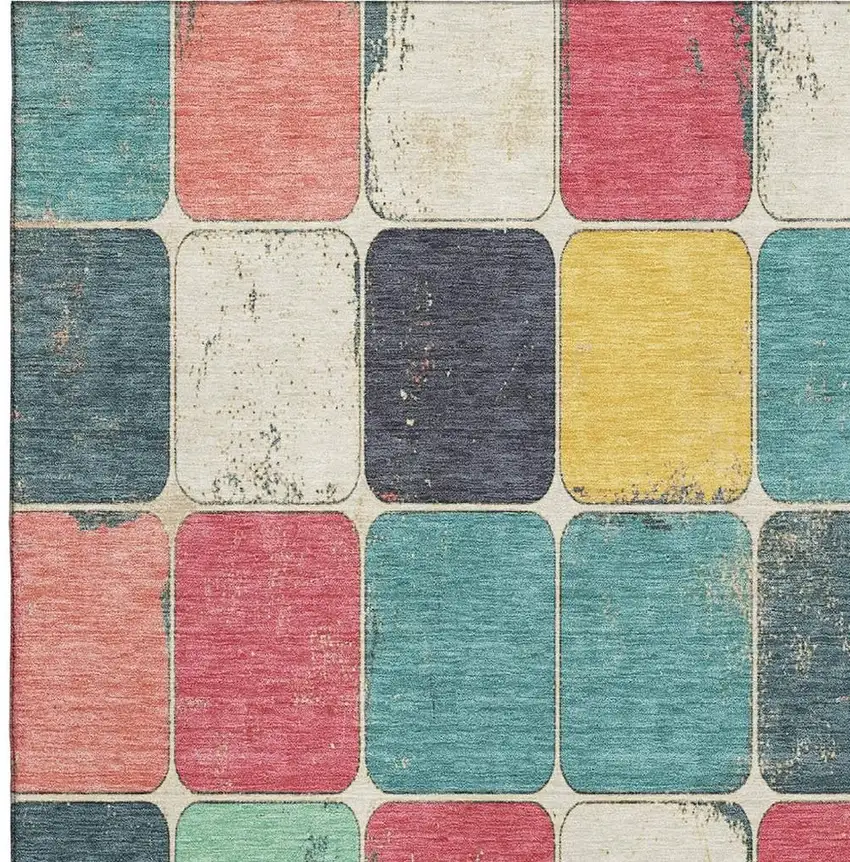 Teal Blush And Yellow Geometric Washable Area Rug With UV Protection Photo 3