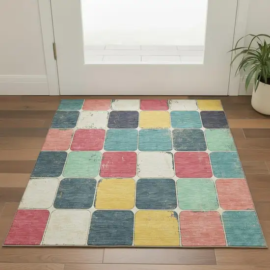Teal Blush And Yellow Geometric Washable Area Rug With UV Protection Photo 2