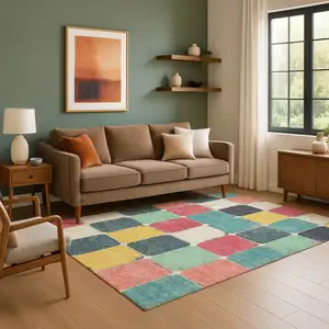 Photo of Teal Blush And Yellow Geometric Washable Area Rug With UV Protection