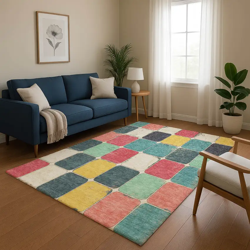 Teal Blush And Yellow Geometric Washable Area Rug With UV Protection Photo 5