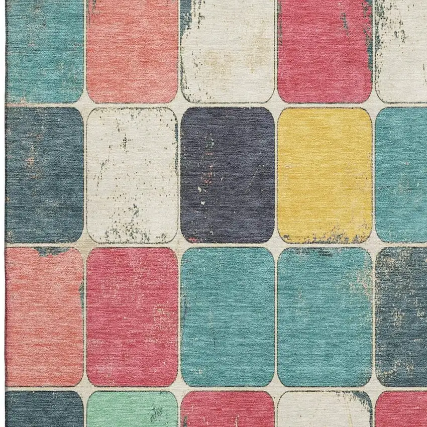 Teal Blush And Yellow Geometric Washable Area Rug With UV Protection Photo 3