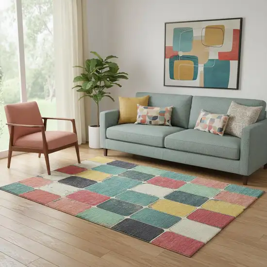 Teal Blush And Yellow Geometric Washable Area Rug With UV Protection Photo 2