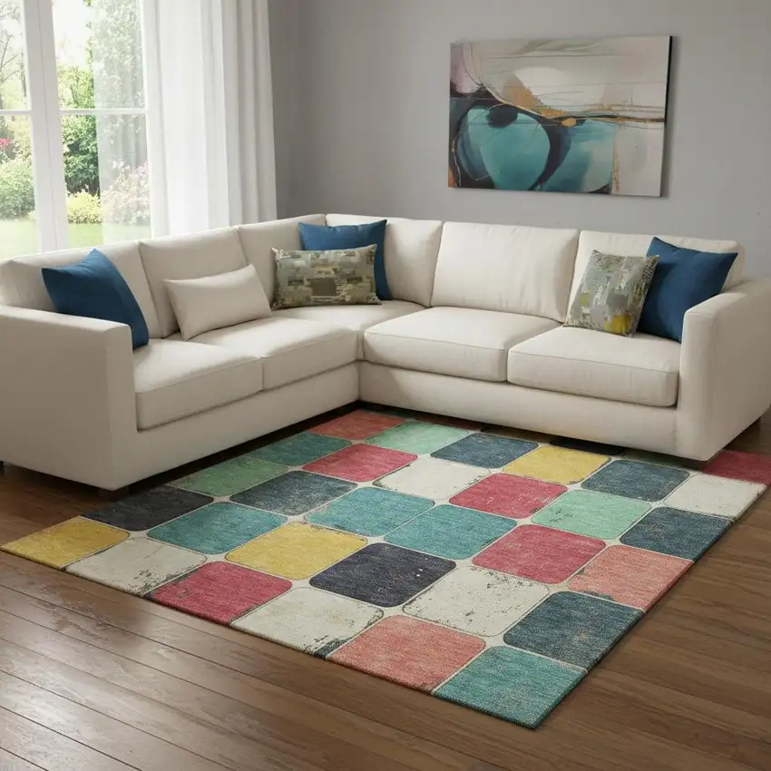 Teal Blush And Yellow Geometric Washable Area Rug With UV Protection Photo 2