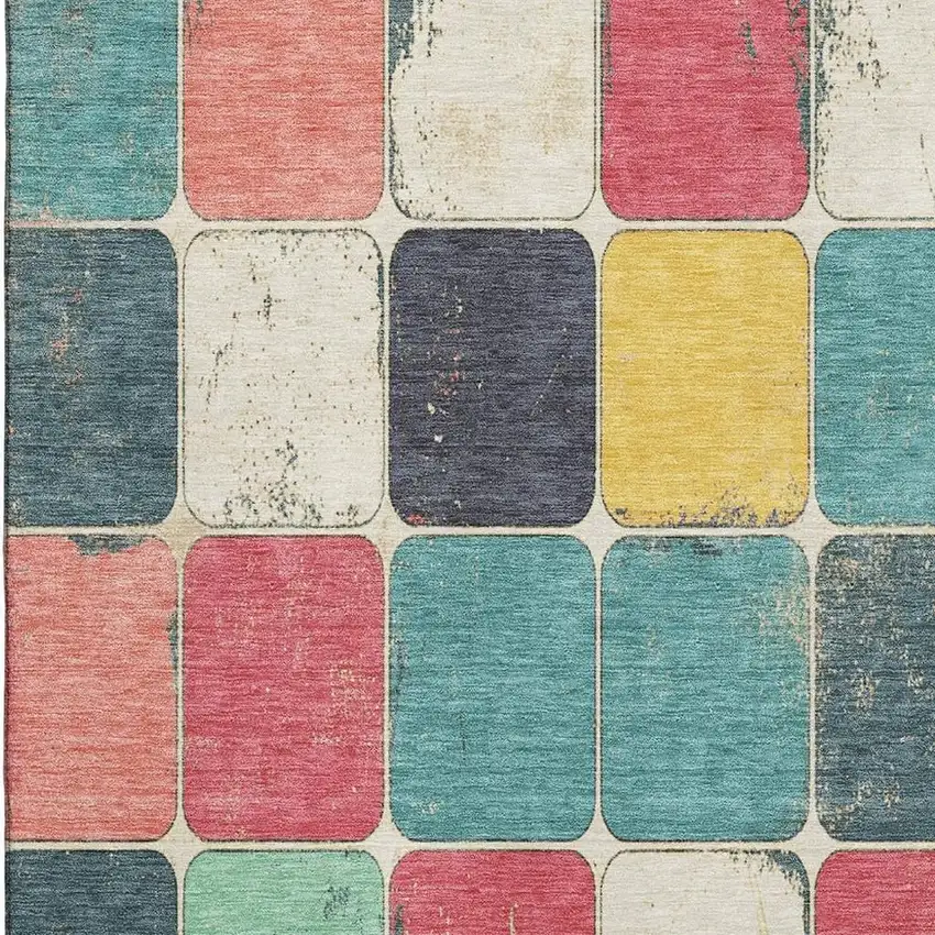Teal Blush And Yellow Geometric Washable Area Rug With UV Protection Photo 3
