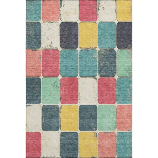Teal Blush And Yellow Geometric Washable Area Rug With UV Protection Photo 1