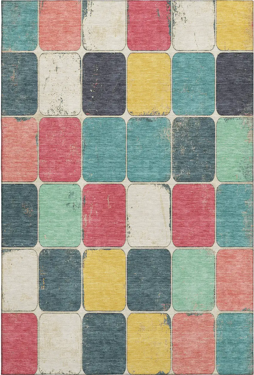 Teal Blush And Yellow Geometric Washable Area Rug With UV Protection Photo 1