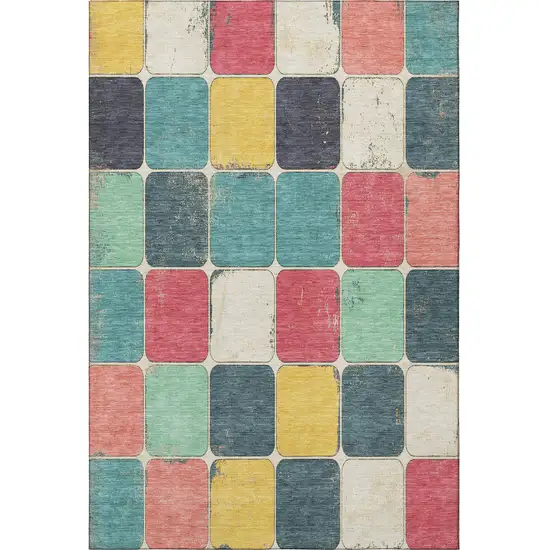 Teal Blush And Yellow Geometric Washable Area Rug With UV Protection Photo 3