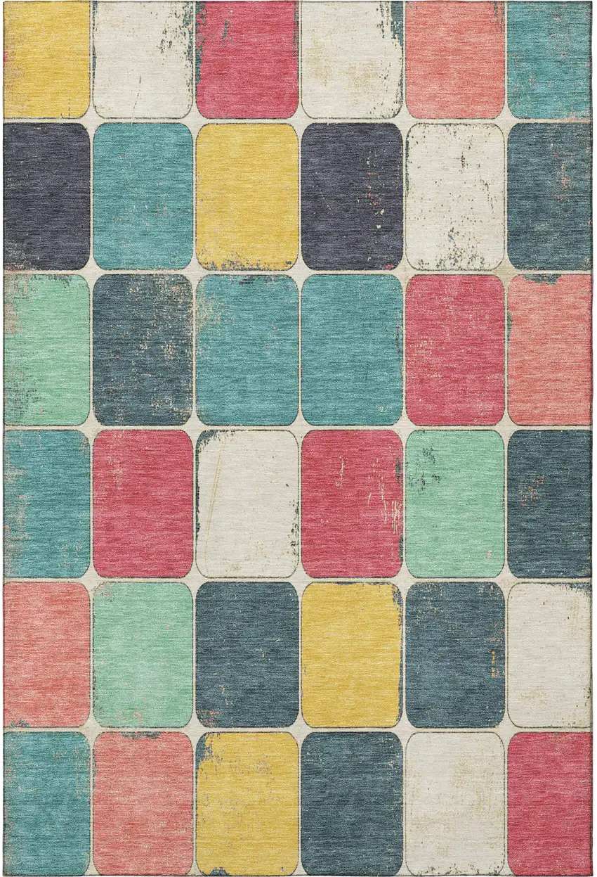 Teal Blush And Yellow Geometric Washable Area Rug With UV Protection Photo 3