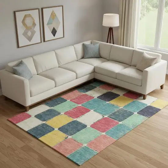 Teal Blush And Yellow Geometric Washable Area Rug With UV Protection Photo 2