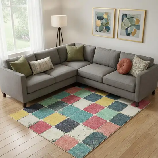 Teal Blush And Yellow Geometric Washable Area Rug With UV Protection Photo 2