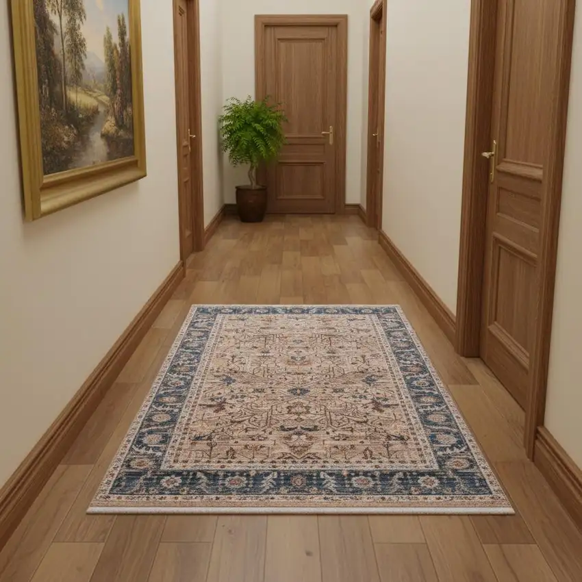 Teal Brown And Beige Oriental Runner Rug With Fringe Photo 1