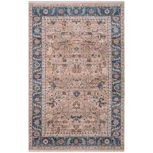 Photo of Teal Brown And Beige Oriental Runner Rug With Fringe