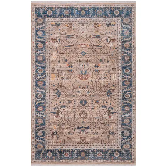 Teal Brown And Beige Oriental Runner Rug With Fringe Photo 2