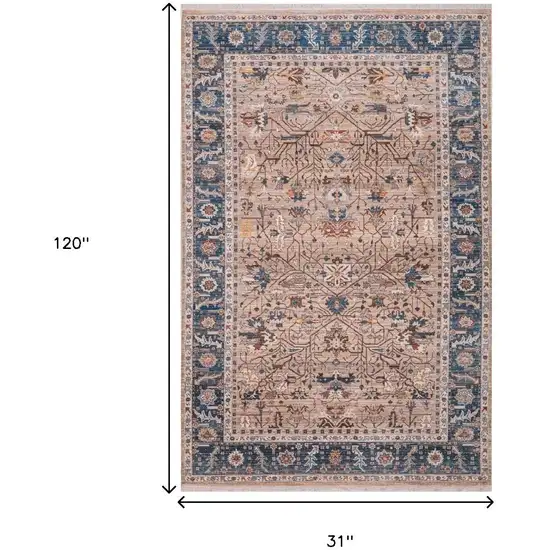 Teal Brown And Beige Oriental Runner Rug With Fringe Photo 3