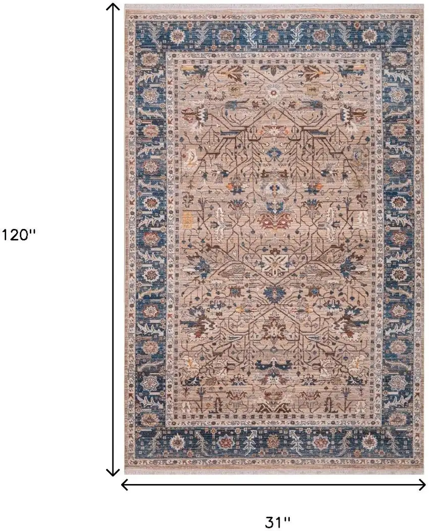 Teal Brown And Beige Oriental Runner Rug With Fringe Photo 3