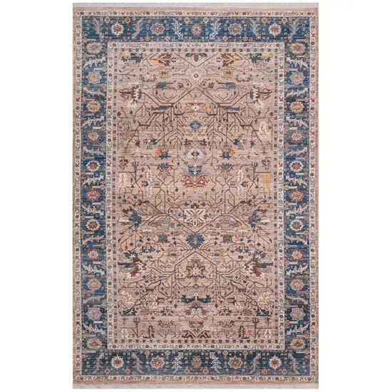 Teal Brown And Beige Oriental Runner Rug With Fringe Photo 3