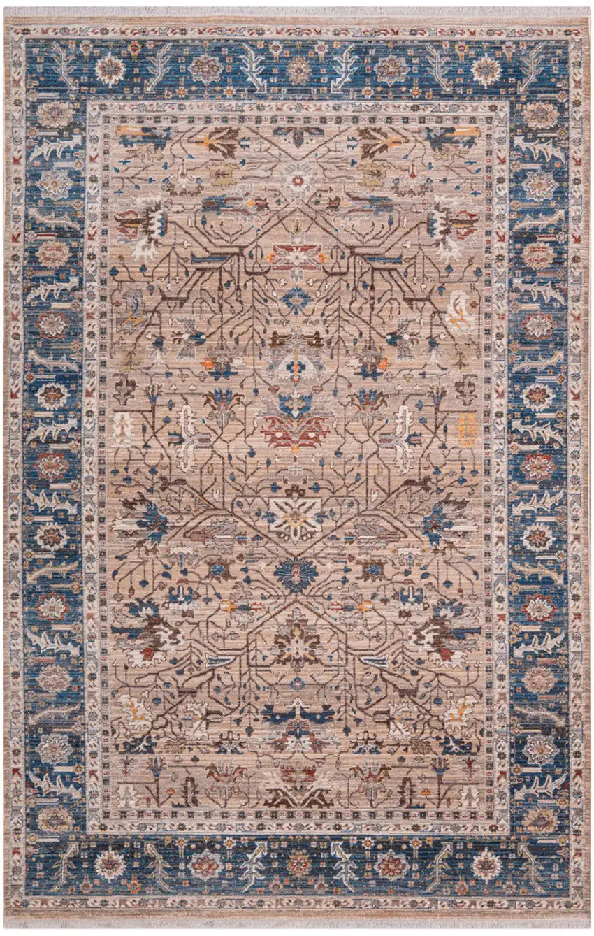 Teal Brown And Beige Oriental Runner Rug With Fringe Photo 3