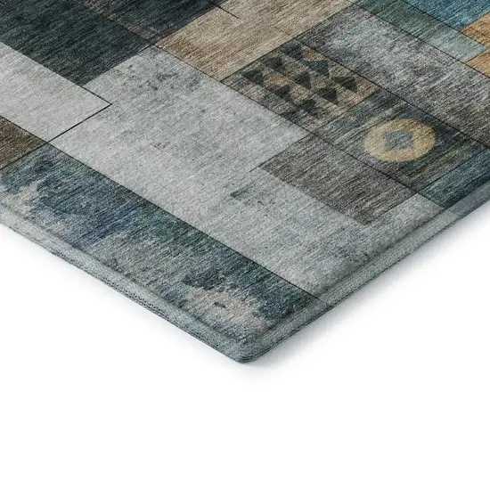 Teal Brown And Ivory Geometric Washable Area Rug With UV Protection Photo 6