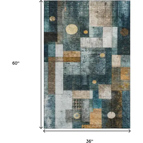 Teal Brown And Ivory Geometric Washable Area Rug With UV Protection Photo 9